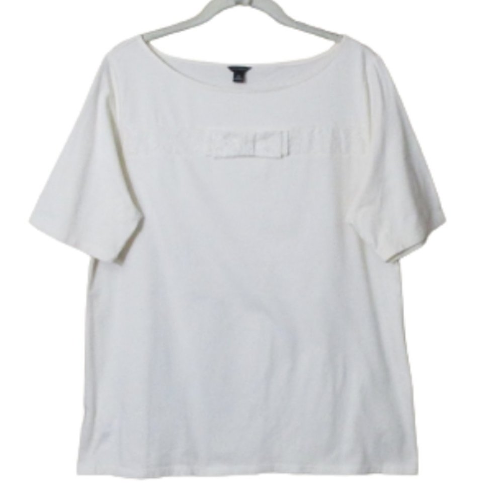 Ann Taylor Cream Short Sleeve Knit Top With Lace Bow XL